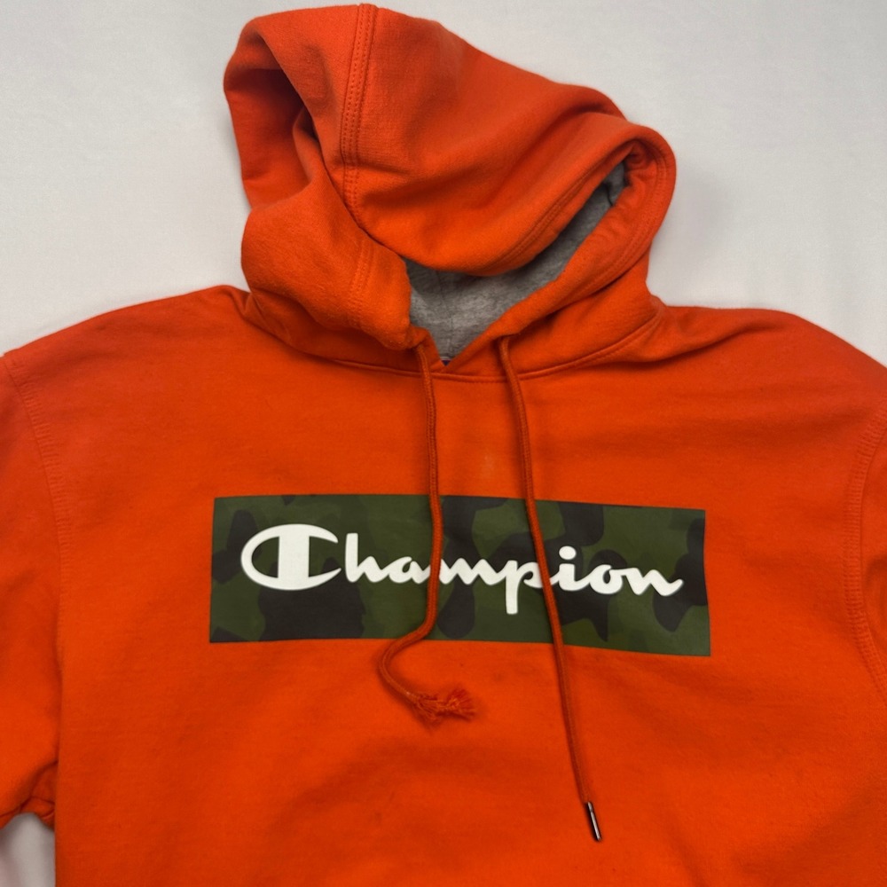 Champion Mens Orange Camo Box Logo Pullover Hoodie Sweatshirt Size M Medium